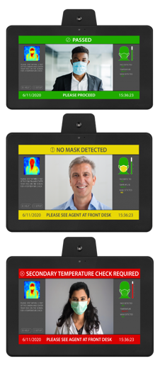Three screening messages. The first message says "PASSED". The second message says "NO MASK DETECTED". The third message says "SECONDARY TEMPERATURE CHECK REQUIRED".