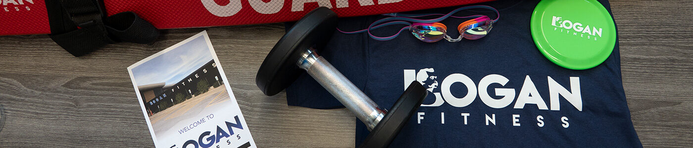 Logan Fitness shirt, lifeguard pad, dumbbell, brochure, goggles, and frisbee