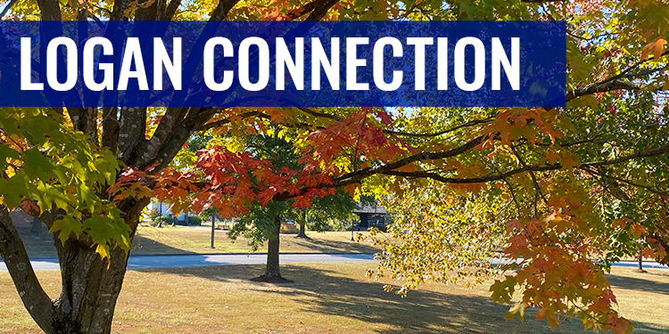 Logan Connection text with picture of campus trees with fall leaves in the background