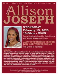 Flyer for Allison Joseph poetry reading - Wednesday, February 15, 2023 - 10am - Noon