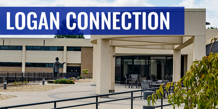 Logan Connection text with picture of outdoor seating area on campus with John A. Logan statue