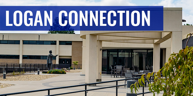 Logan Connection text with picture of outdoor seating area on campus with John A. Logan statue