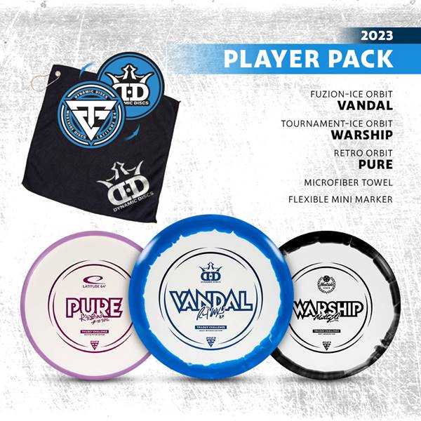 Player Pack showing Ricky Wysocki Orbit Fuzion Ice Vandal (driver), Matt Orum Orbit Tournament Ice Warship (midrange), Kristin Tattar Orbit Retro Pure (putter), Microfiber Towel, Flexible Mini Marker