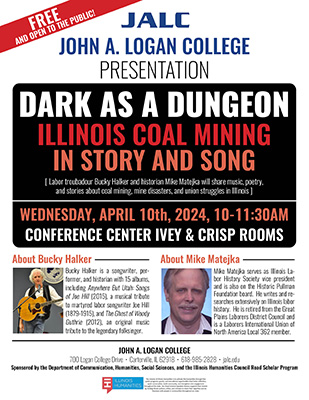 Flyer for Dark as a Dungeon - Illinois Coal Mining in Story and Song presentation.