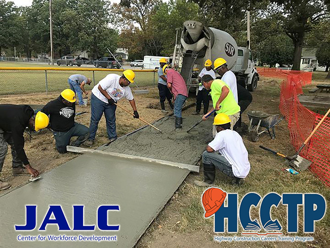 Students in the John A. Logan College Highway Construction Careers Training Program working on concrete.