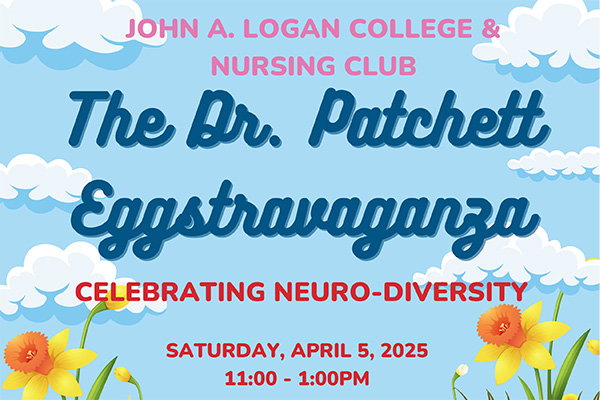 Flyer with blue sky, green grass, flowers, and easter eggs for The Dr. Patchett Eggstravangaza CELEBRATING NEURO-DIVERSITY Saturday, April 5, 2025 11:00 - 1:00 PM