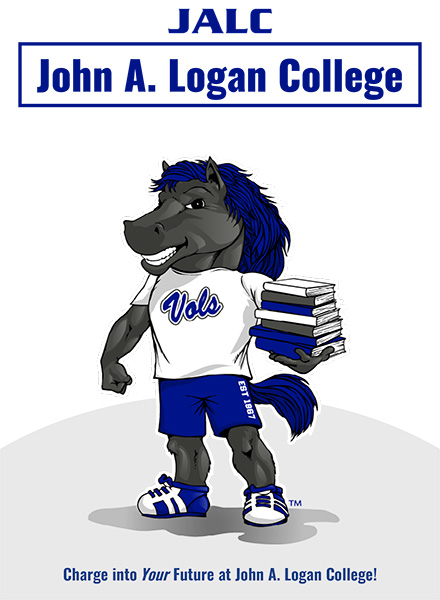 Cover of JALC Viewbook with wording JALC John A. Logan College Charge into Your Future at John A. Logan College! Includes image of JALC mascot Charger holding books.