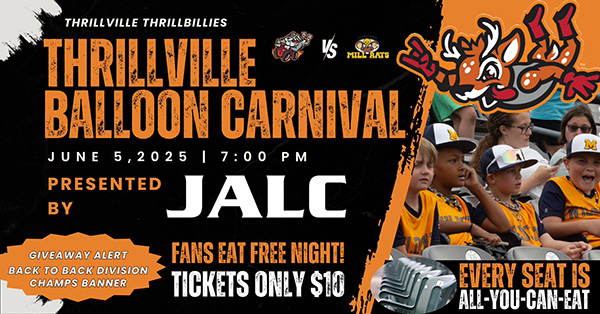 Sign for the Thrillville Balloon Carnival presented by JALC.
