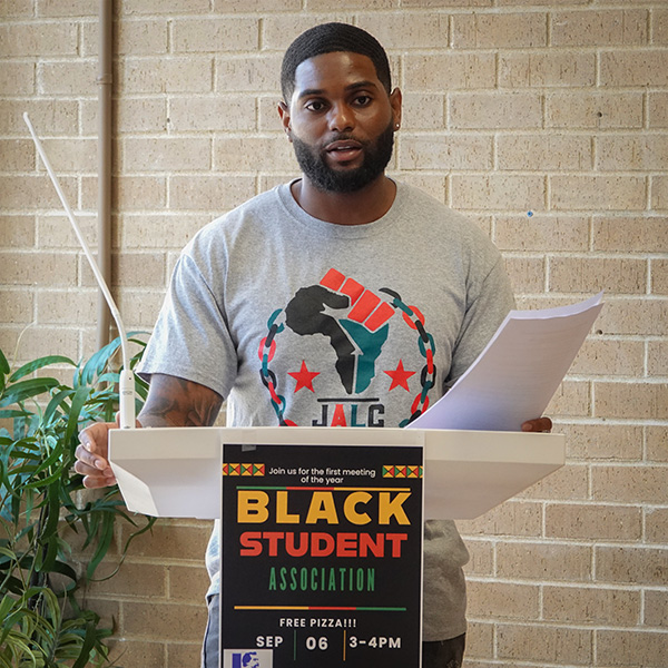 Black Student Association President Dion Beals speaks to group of students at JALC.