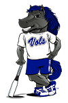 JALC mascot Charger leaning on a baseball bat.