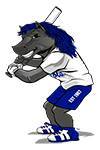 JALC mascot Charger holding a baseball bat.