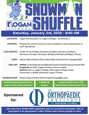 Flyer for Logan Fitness Snowman Shuffle Saturday, January 3rd, 2026 - 9:00 AM