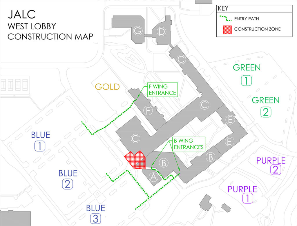 JALC WEST LOBBY CONSTRUCTI0N MAP which shows the construction zone at the JALC west entrance as well as the F wing and B wing alternative entrances. Map also shows entrances between A and B wing.