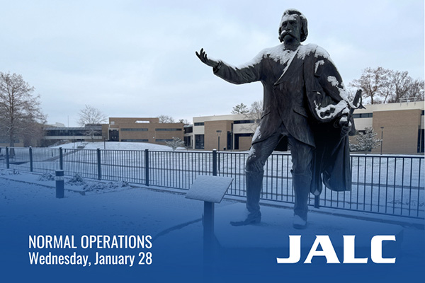 General John A. Logan statue with snow and JALC lettering as well s text reading NORMAL OPERATIONS Wednesday, January 28