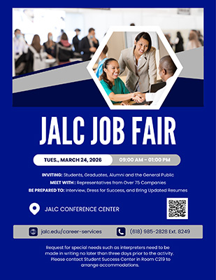 Flyer with information about the JALC JOB FAIR taking place on TUES., MARCH 24, 2026 from 09:00 AM - 01:00 PM.