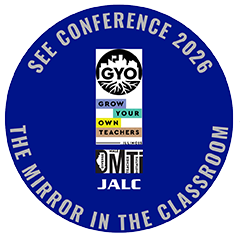 SEE Conference logo with words SEE CONFERENCE 2026 THE MIRROR IN THE CLASSROOM. Additional logos within this logo include GYO Grow your own teachers Illinois, DMTI Diverse Male Teacher Initiative, and JALC.