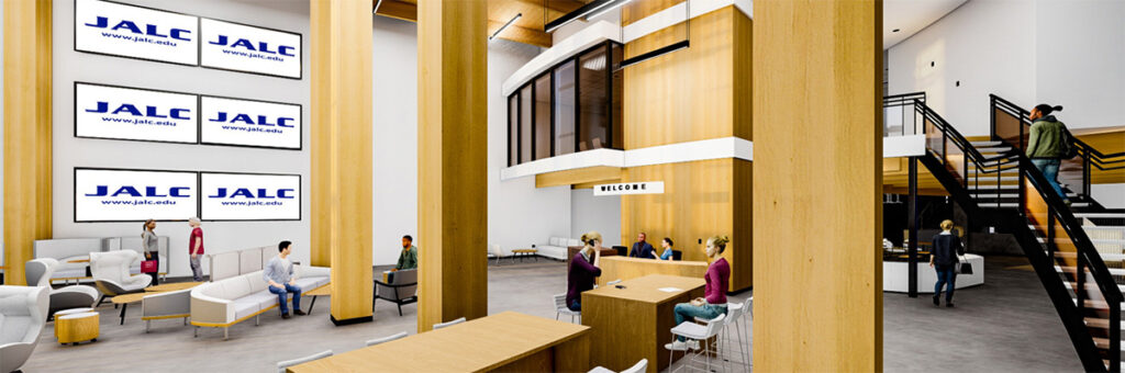 Rendering of interior of West Entrance named Logan Hall. This includes a WELCOME sign, wooden beams, screens on the wall, students in the lounge area, and stairs leading to the board room which has large glass windows.