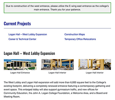 Screenshot of webpage for Campus Improvements and Construction Updates. This includes construction renderings and text abut the campus improvements and construction updates.