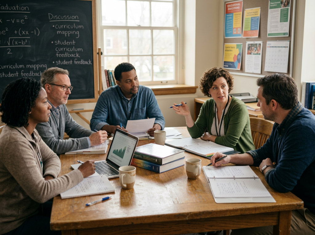 Five educators seated around a table discussing curriculum mapping and student feedback with notebooks and a laptop