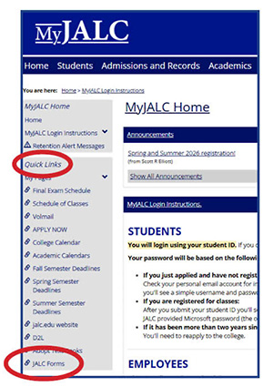 MyJALC homepage screenshot showing Quick Links category and JALC Forms link that links to Softdocs forms.