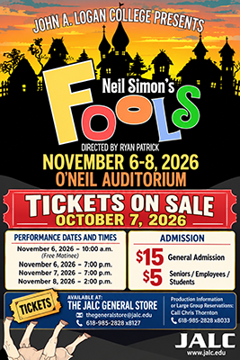 Flyer for the play Neil Simon's Fools. Directed by Ryan Patrick. November 6-8, 2026. O'Neil Auditorium.