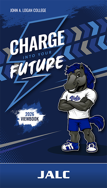 Cover of JALC Viewbook with words JOHN A. LOGAN COLLEGE CHARGE INTO YOUR FUTURE 2026 VIEWBOOK JALC. The cover also shows the JALC mascot Charger with his arms crossed and a decorative background behind him.