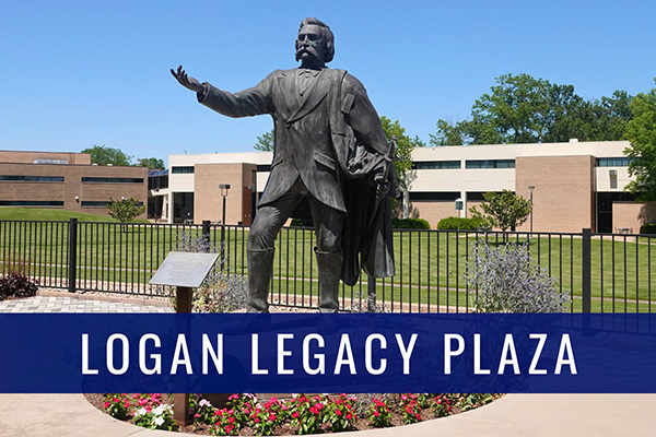 John A. Logan statue in Conference Center Courtyard with wording LOGAN LEGACY PLAZA overlaid on the image.