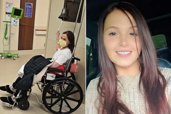 (Left) Alicia Schweickert ringing the transplant bell in 2024; (Right) Alicia Schweickert in July 2026. Credit : Alicia Schweickert